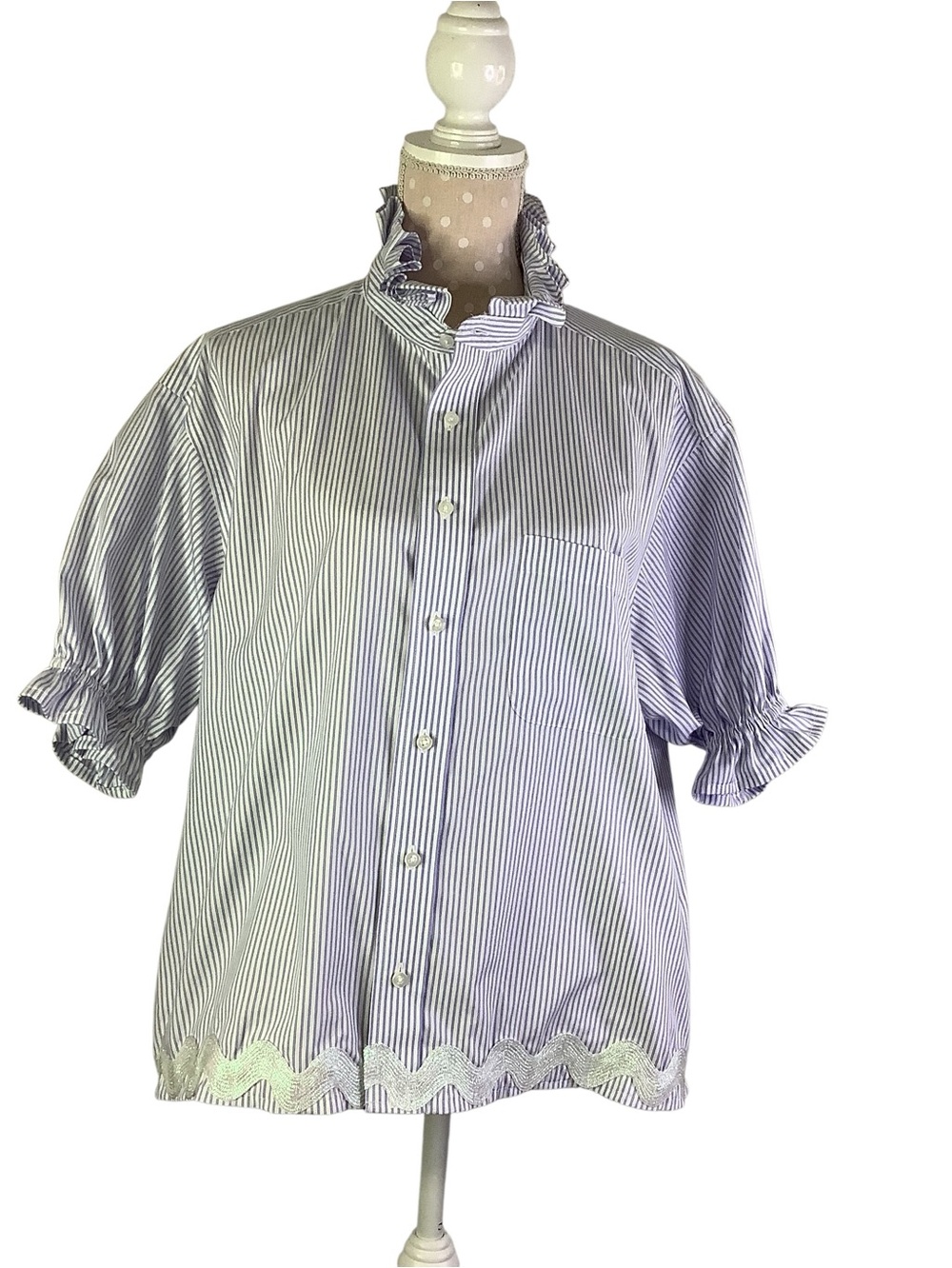Upcycled Men’s shirt into Ruffle-Collar Women’s Shirt